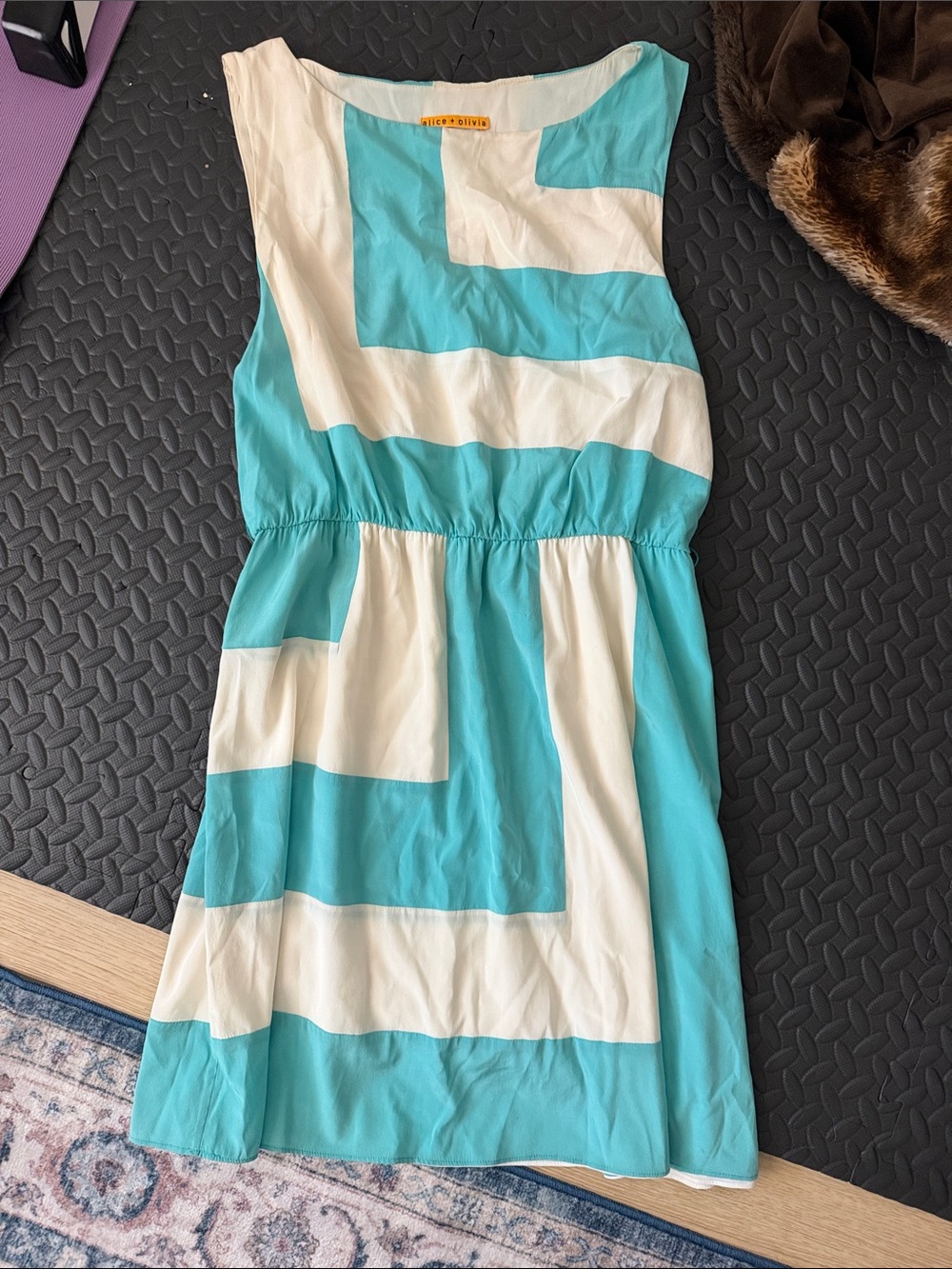 Alice + Olivia Aqua and White Geo Print Silk Sundress